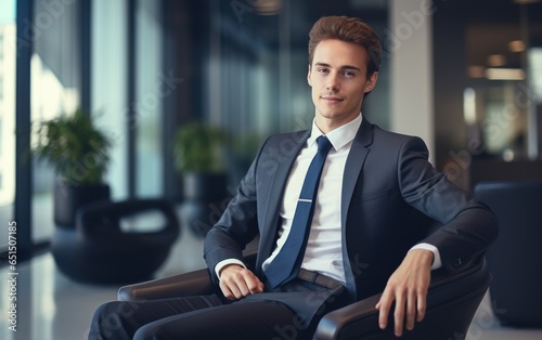 A young male banking financial professional employee sitting in a modern head office wearing a nice suit. Generative AI