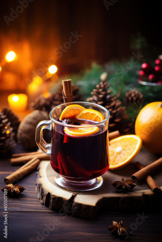 Hot spicy Christmas gluhwein, or mulled red wine with sugar and spices, served with cookies on rustic wood with a twinkling bokeh of party lights in background