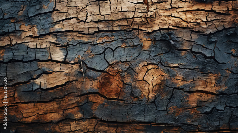 Fototapeta premium Charred wood bark dark texture. Detailed macro close-up view of tree burned scratched cork background. Generative AI