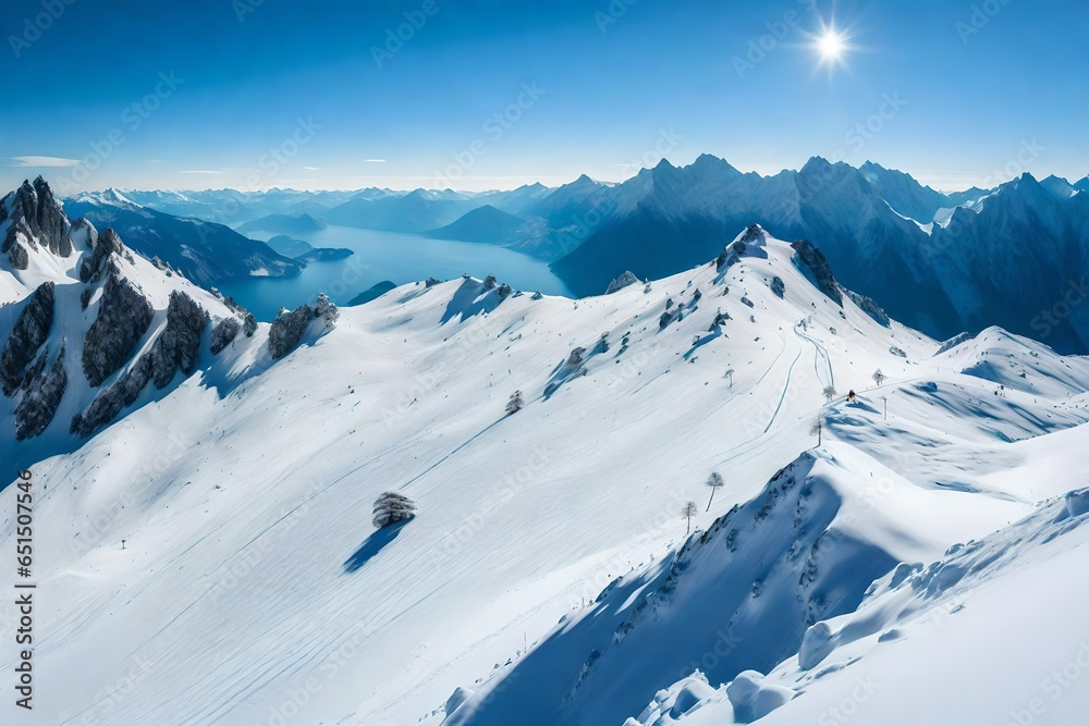 Panorama of Snow Mountain Landscape with Blue Sky from Pilatus Peaks Alps Lucern Switzerland