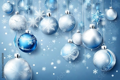 Light elegant Christmas background with hanging decorative blue  white and silver balls  vector winter holiday illustration