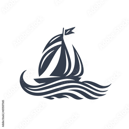 Classic sailing boat logo. Sailboat ocean icon. Nautical voyage emblem. Ship mast and waves symbol. Vector illustration.