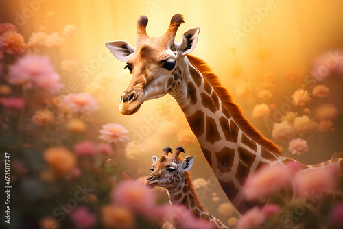 Giraffe Cute Mom and Baby Giraffe sitting in garden of flowers