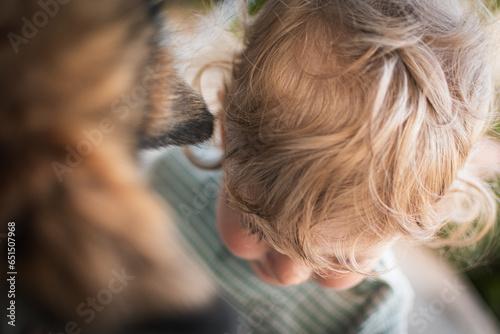 Hund und Baby stecken die Köpfe zusammen