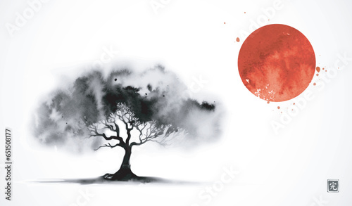 Landscape with big tree with wide crown in a field and big red sun. Traditional oriental ink painting sumi-e, u-sin, go-hua. Translation of hieroglyph - perfection