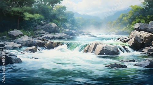 Landscape mountain with forest and river. AI generated image