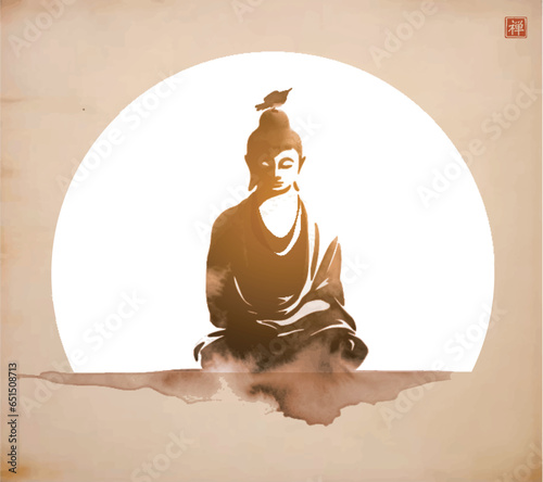 Ink wash painting of Buddha in meditation on vintage background. Traditional oriental ink painting sumi-e, u-sin, go-hua. Translation of hieroglyph - zen.