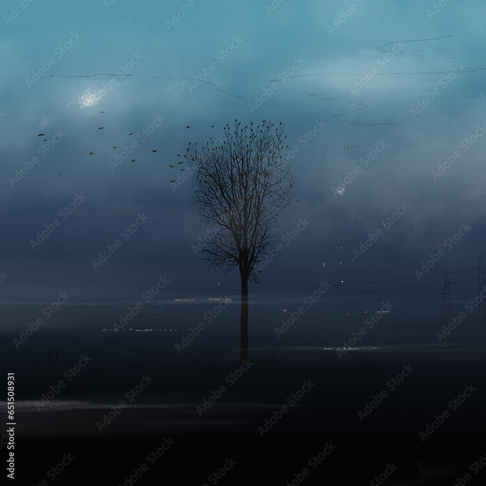 Ilustracja krajobrazu z samotnym drzewem, na tle ciemnego nieba w odcieniach niebieskości - obrazy, fototapety, plakaty 