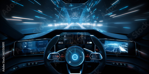 Concept for a future autonomous self driving vehicle city driving infographics on Hud heads-up display The Road Ahead Self-Driving Car HUD Infographics for Urban Environments AI Generative  © Faiza