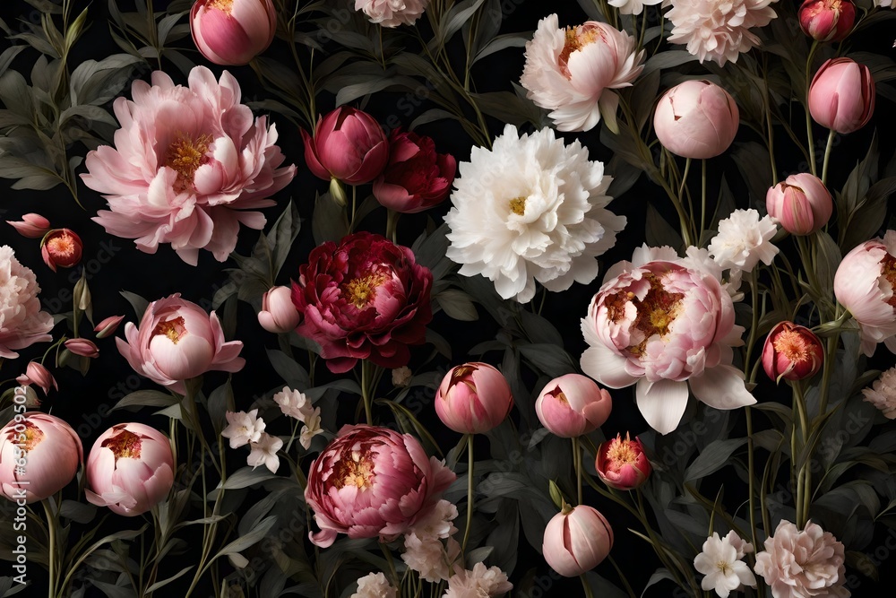 Obraz na płótnie Generate an opulent 3D-rendered illustration of vintage flowers including peonies, tulips, lilies, and hydrangeas, arranged in a lush, baroque-style composition. Showcase these exquisite blooms on a d w salonie