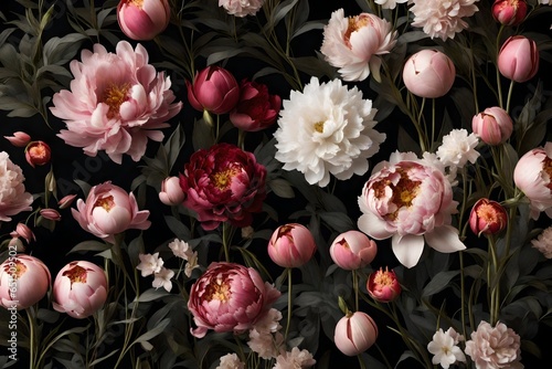 Generate an opulent 3D-rendered illustration of vintage flowers including peonies, tulips, lilies, and hydrangeas, arranged in a lush, baroque-style composition. Showcase these exquisite blooms on a d
