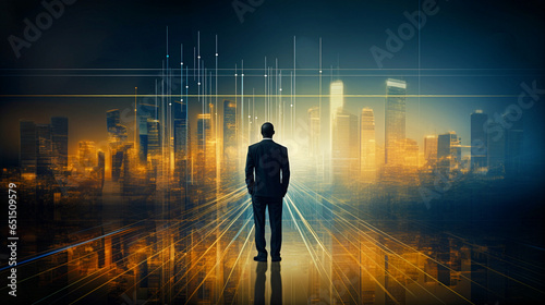 Businessman looking into the city with business results on the horizon
