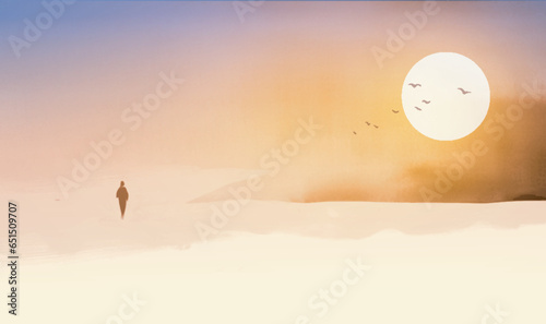 Ink painting of dreamy landscape with a single person in a vast field and big sun. Traditional Japanese ink wash painting sumi-e.