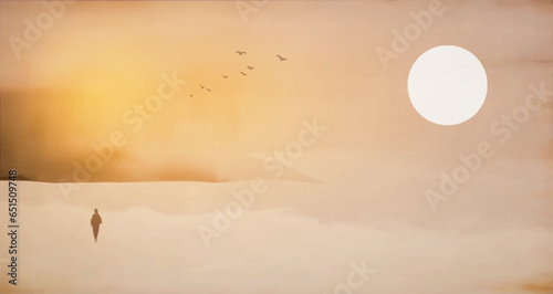 Ink painting of dreamy landscape with a single person in a vast field and big sun on vintage background. Traditional Japanese ink wash painting sumi-e.