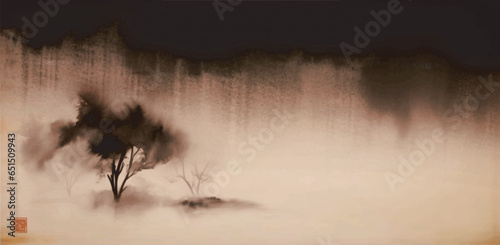 Ink painting of dark clouds, rain and tree with wide crown in a field. Traditional oriental ink painting sumi-e, u-sin, go-hua on vintage background. Translation of hieroglyph - perfection