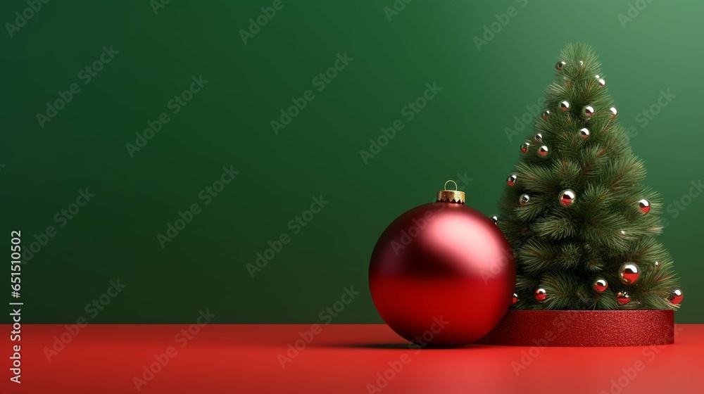 Festive Christmas Decorations and Tree. Minimalist Red Background, Joyful Holiday Atmosphere
