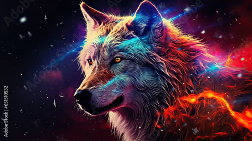 Majestic wolf with an ethereal neon outline set against a starry backdrop. AI generative