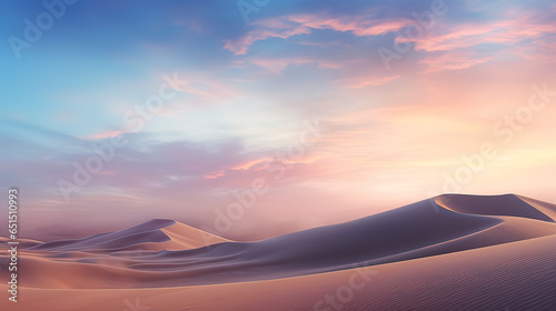 Otherworldly desert; sand dunes shifting into waves under a pastel sky. AI generative