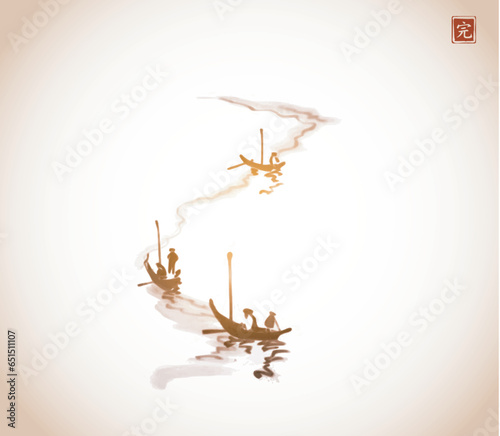 Ink painting of fishing boats in minimalist style. Traditional oriental ink painting sumi-e, u-sin, go-hua in vintage style Translation of hieroglyph - perfection