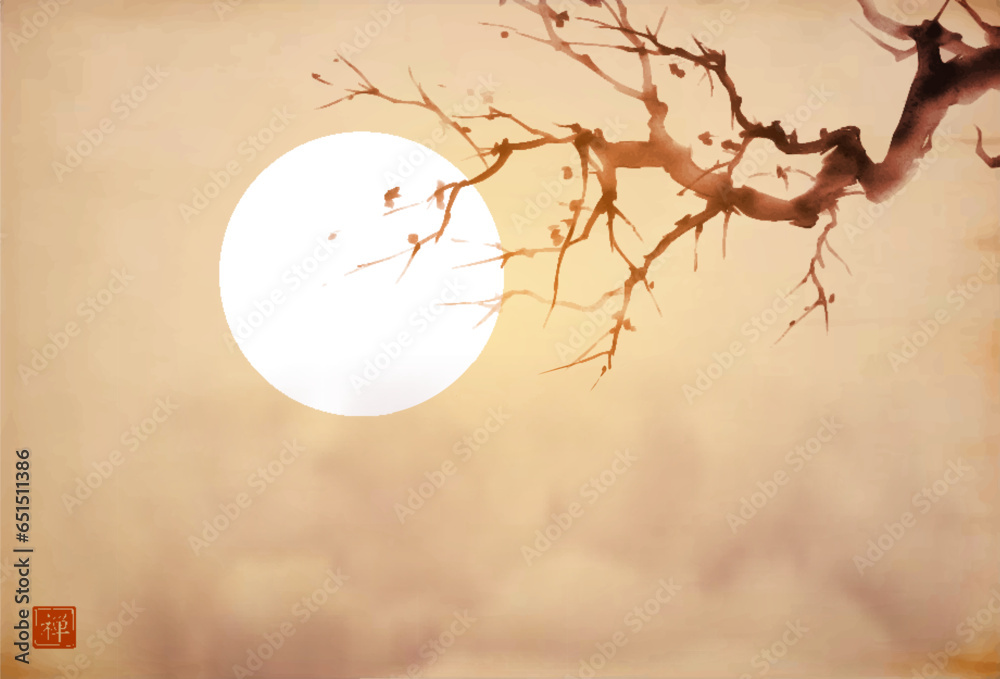 Tree with bare branches and big sun, symbol of Japan. Traditional oriental ink painting sumi-e, u-sin, go-hua on vintage background. Translation of hieroglyph - zen. - obrazy, fototapety, plakaty 