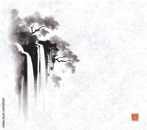 Ink painting of forest waterfall. Traditional oriental ink painting sumi-e, u-sin, go-hua on rice paper background. Translation of hieroglyph - perfection
