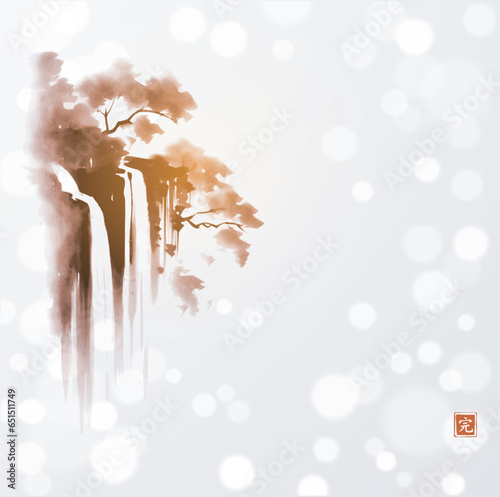 Ink painting of forest waterfall. Traditional oriental ink painting sumi-e, u-sin, go-hua on white glowing background. Translation of hieroglyph - perfection