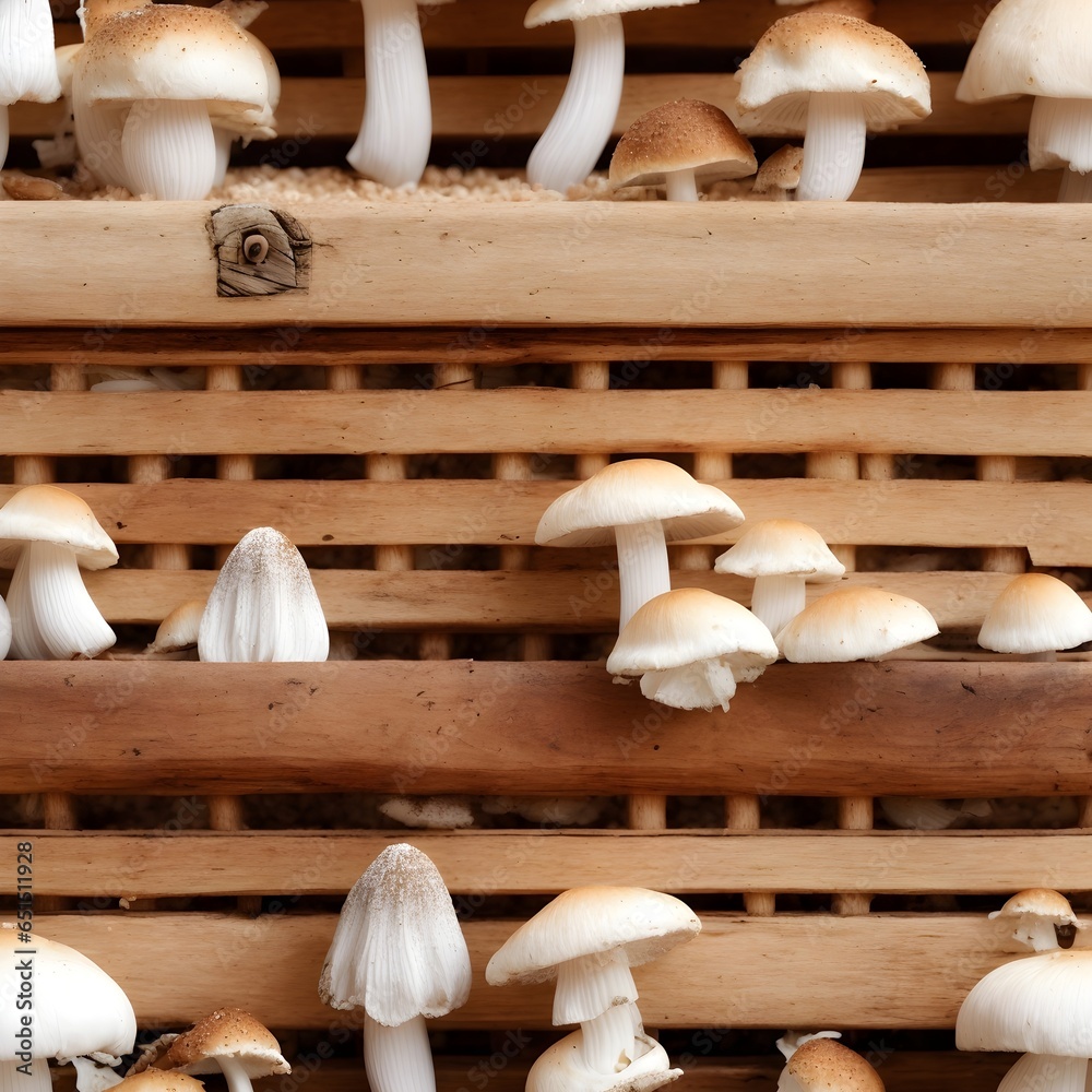 Mushrooms on a wooden background.  Generative AI.