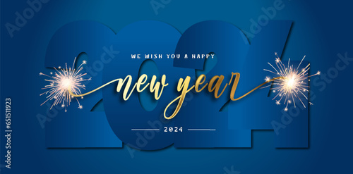 We wish you Happy Holidays 2024 banner. modern design, new updated handwritten gold lettering with white blue 2024 year background and sparkle firework