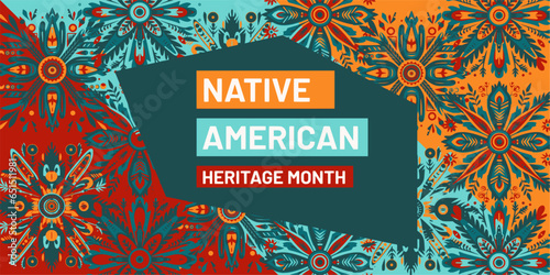 Vector with the colors red, orange, and teal with tribal elements and the text "November is National Native American Heritage Month"	