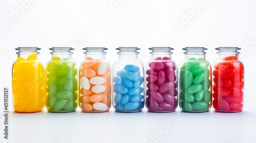 Jelly beans in a bottle on a white background. Modern abstract mockup with jelly beans in a bottle with white background. Generative AI
