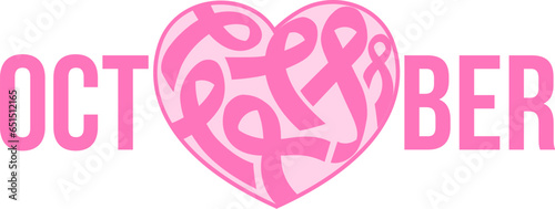 Pink ribbon fill in heart shape. October, Breast Cancer Awareness Month.  Design for poster, banner, t-shirt. Vector illustration