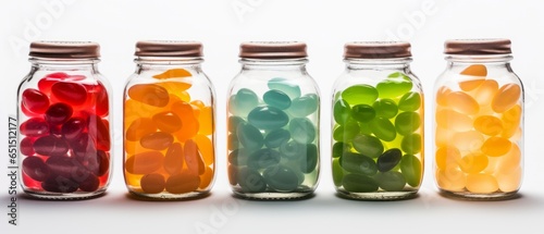 Jelly beans in a bottle on a white background. Modern abstract mockup with jelly beans in a bottle with white background. Generative AI photo