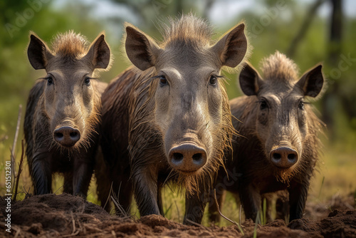 Group of Warthogs pigs close up in the wild