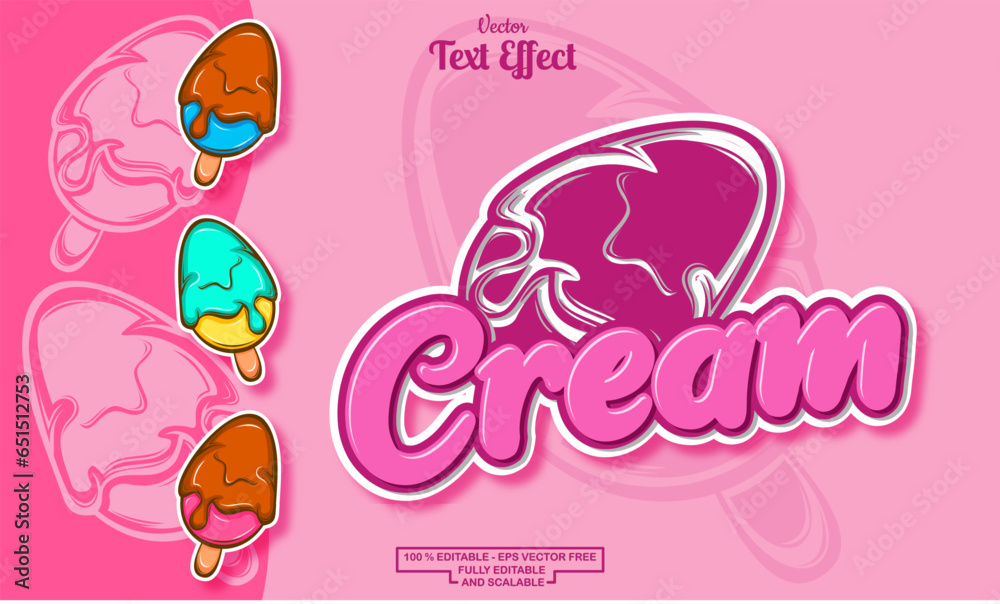 Fototapeta premium cream editable text effect on pink color background with hand drawn ice cream