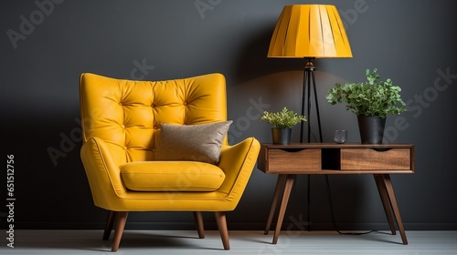 Armchair and coffee table with lamp near wall.