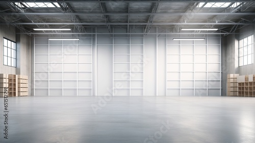 Warehouse interior daylight with shelves  pallets and boxes. AI generated