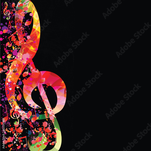 Music poster with colorful musical notes and G-clef on black background. Vector illustration. Abstract design for music festival, live concert events, party flyer. Music notes signs and symbols	