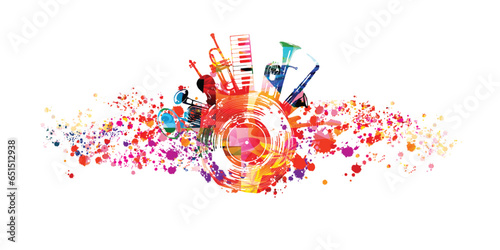 Colorful creative musical poster. Musical instruments and blots isolated vector illustration. Abstract playful design with vinyl disc for concert events, music festivals and shows. Party flyer