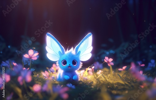 Incredibly cute bunny baby rabbit with large ears, glowing fluffy blue fur, adorable big sparkling eyes and friendliest face in the forest. Very playful and inquisitive in the flower field meadow.   photo