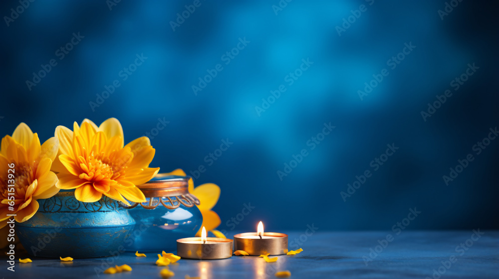 Happy Diwali. Diya oil lamps and yellow flowers on blue background - obrazy, fototapety, plakaty 