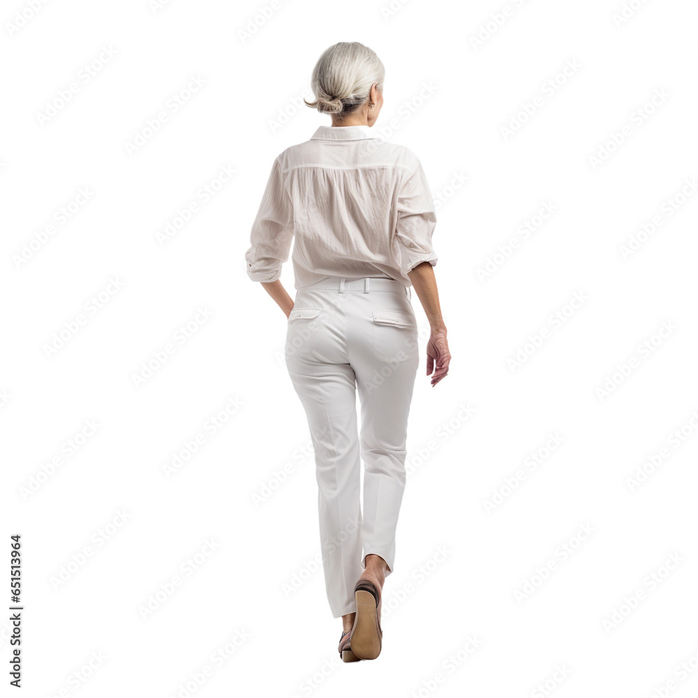 portrait of a mature woman walking, transparent, isolated on white