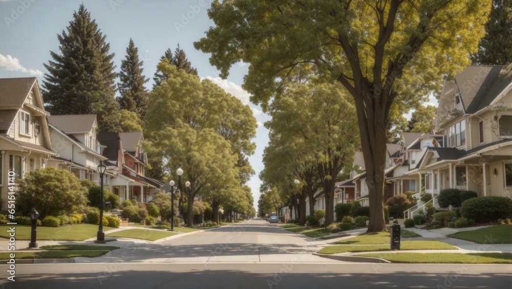 A suburban street with treelined sidewalks