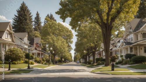 A suburban street with treelined sidewalks