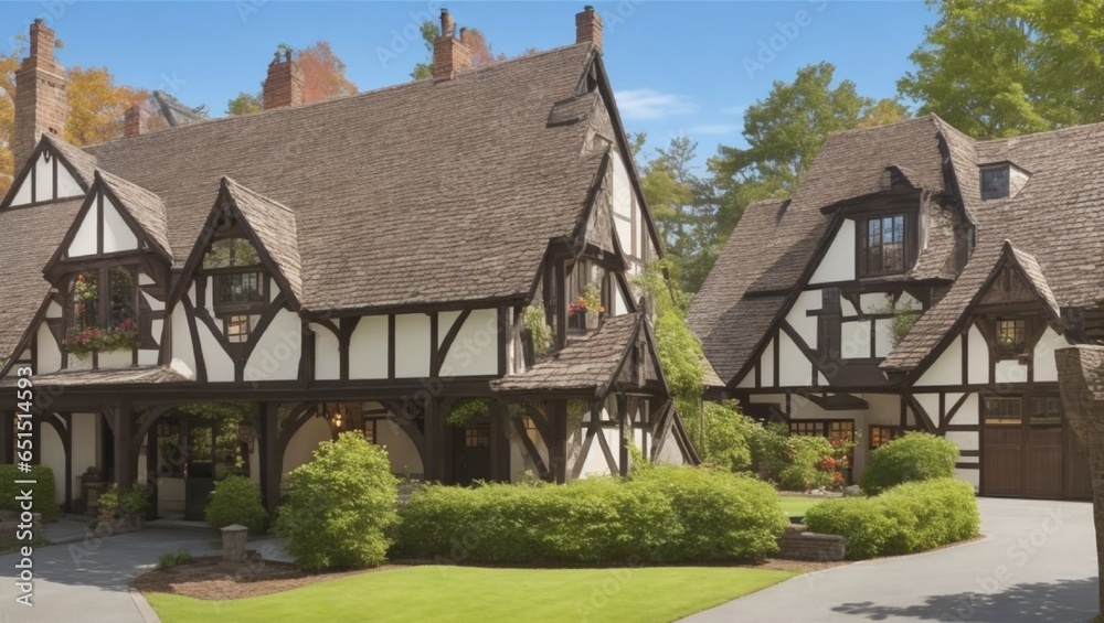 A Tudorstyle house with exposed wooden beams A Tudorstyle house with exposed wooden beams