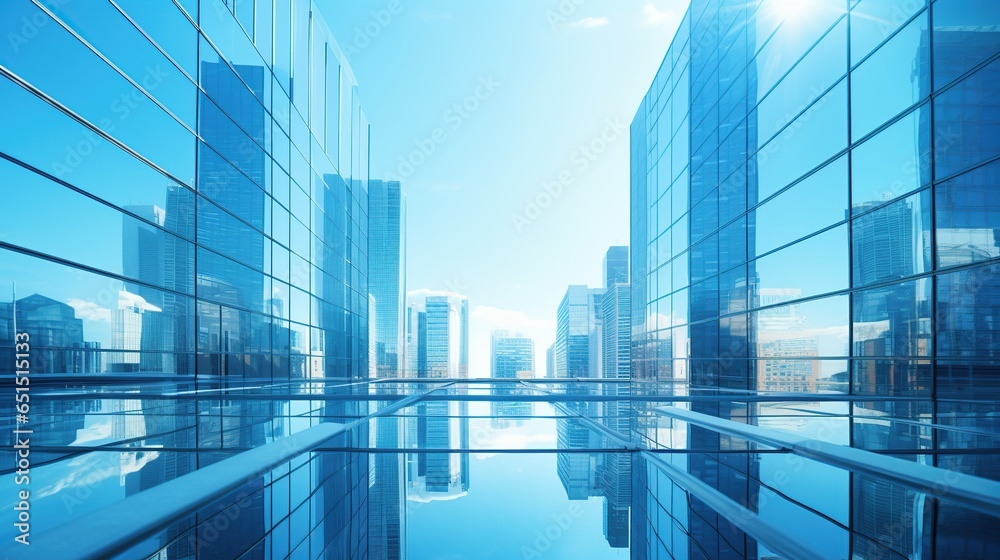 Exotic glass buildings with cloudy blue sky background.AI generated image