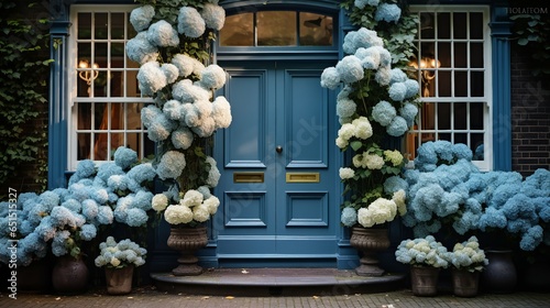 blue front door of house in large house with flowers in pots.