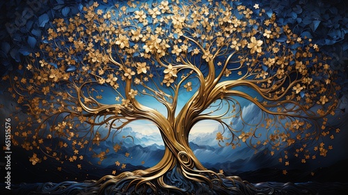 3d modern art mural wallpaper with blue night landscape with dark mountains, giant golden tree and gold waves 