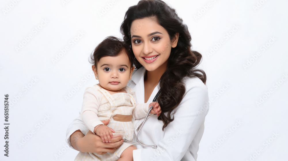 Female pediatricians with little child on white background. Female pediatricians with little child on white background.
