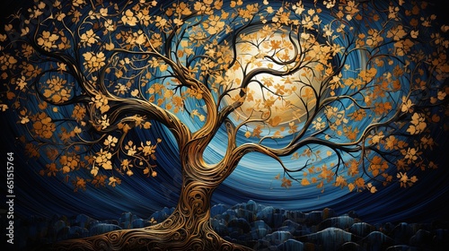 3d modern art mural wallpaper with night landscape with dark blue Jungle, moonlight background with stars and moon, golden tree and gold waves. for use as a frame on walls 
