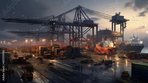 Shipping Cargo terminal with container stack. AI generated image